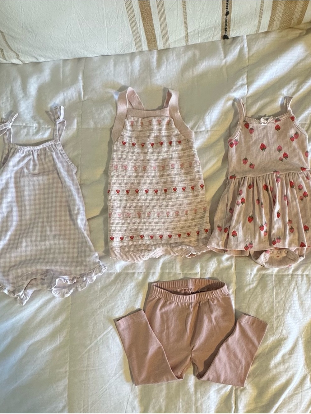 Baby Girl Summer Outfit Bundle (4 Pieces - Romper, Dress, Romper, Leggings)
